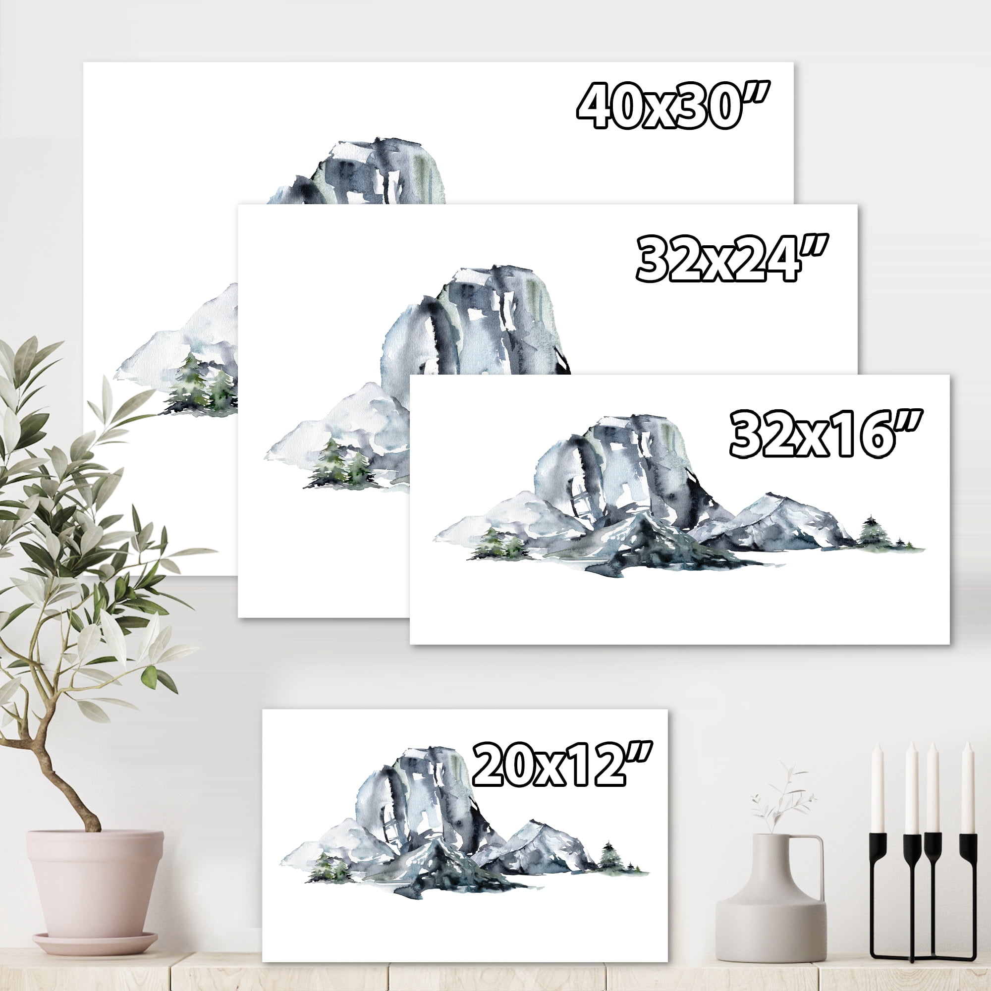 Minimalistic Landscape of Forest and Mountains 12 in x 8 in Painting Canvas Art Print, by Designart