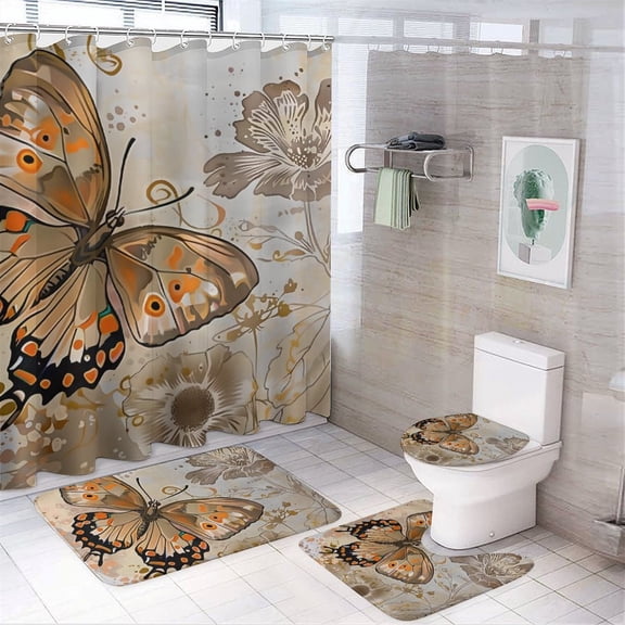 GooTPa 4PCS Butterfly Flowers Orange Art Waterproof Shower Curtain Sets with Hooks,Bathroom Sets with Non-Slip Rugs,Toilet Lid Cover and Bath Mat