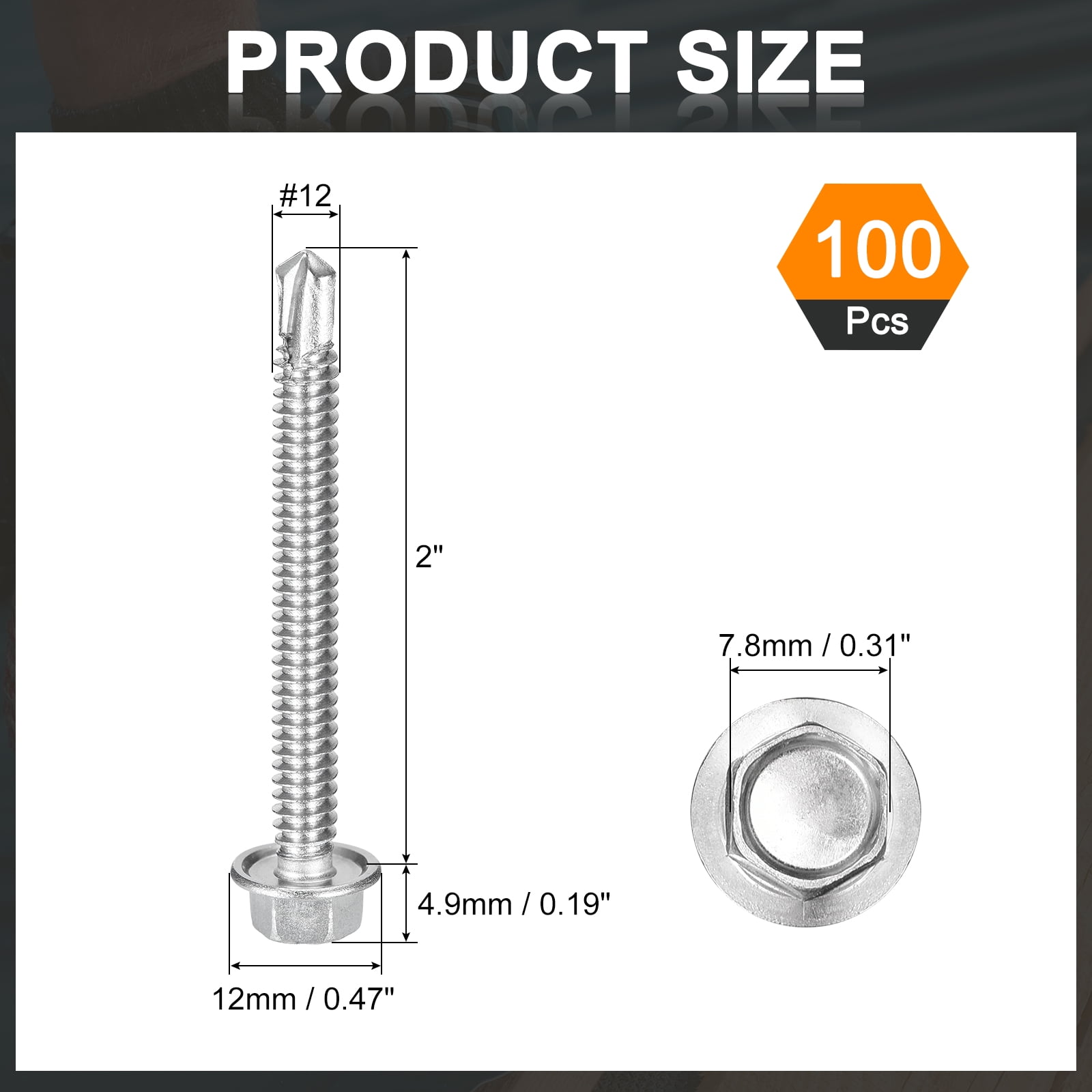 Uxcell 100 Pack #12 x 2" Self Drilling Screws, 410 Stainless Steel Self Tapping Screws for Metal, Hex Washer Head Sheet Metal