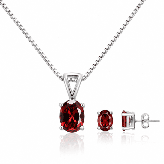 925 Sterling Silver Natural Garnet Jewelry Set for Women – Oval Cut Garnet Pendant Necklace with Matching Stud Earrings, Red Gemstone Jewelry Set