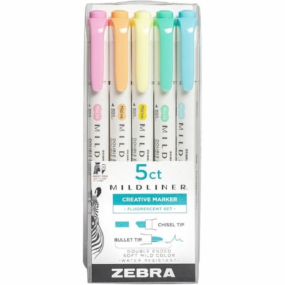 Zebra Mildliner Double-Ended Highlighter Set, Fine and Broad Tip, 5 Pack, Fluorescent