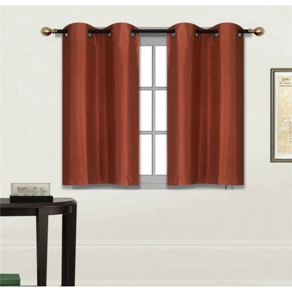 2 Piece N25 BRICK Luxury Kitchen, Short Window Curtain Semi Sheer Panel , 2 Faux Silk Tier Panels With Bronze Grommets