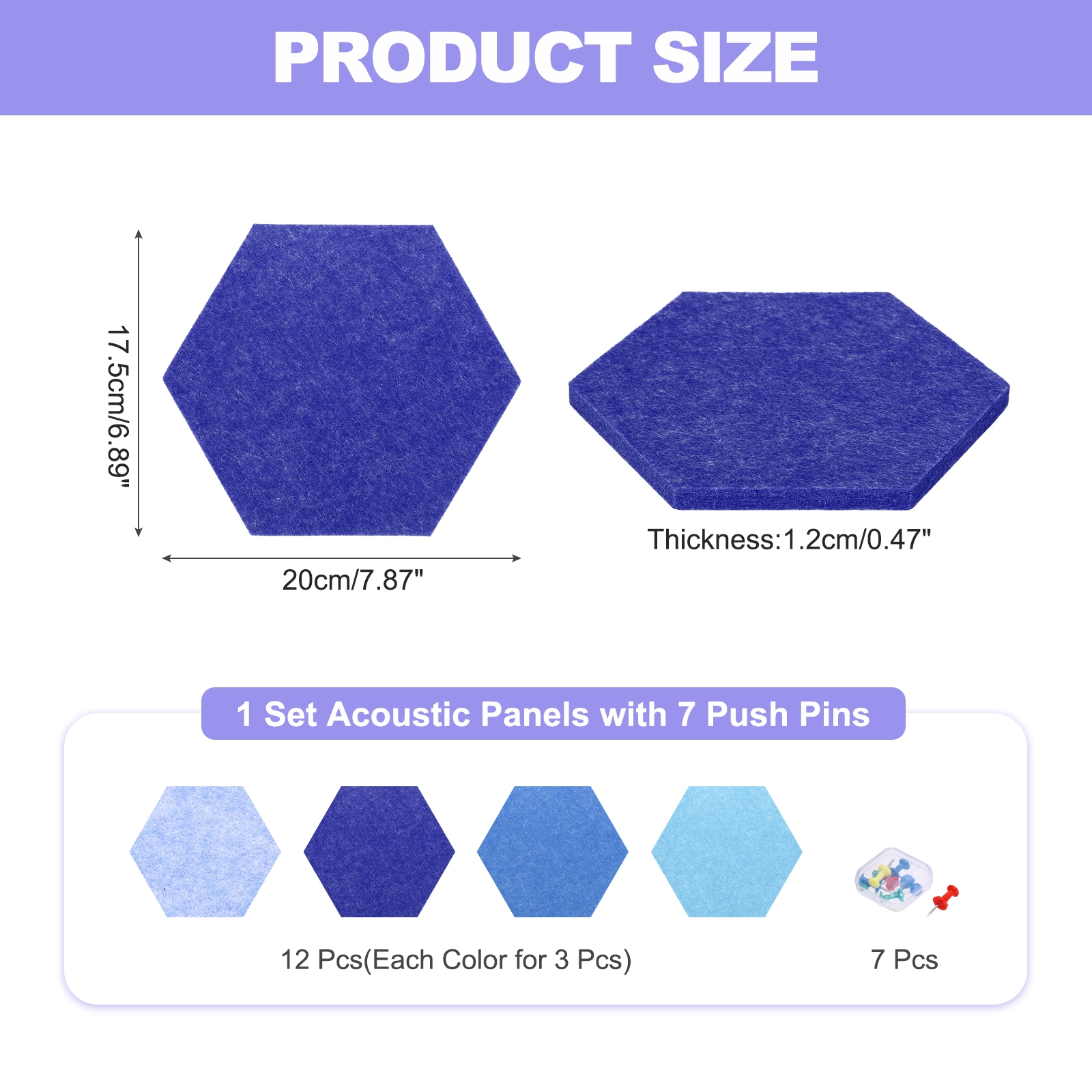 Uxcell 12 Pcs Hexagon B1 Acoustic Panels with Push Pins 7.87'' x 6.89'' Dark Blue Sky Blue Blue Light Blue