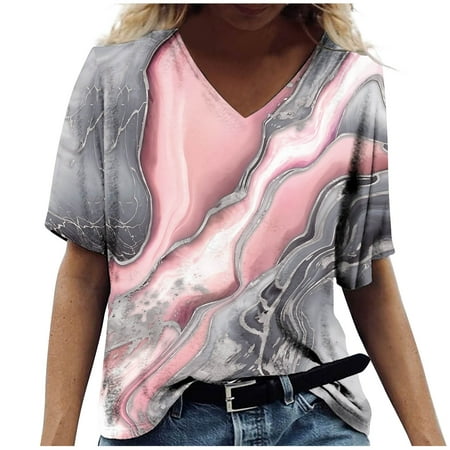 

RKZDSR Discount Shirts Color Block Scrub Shirt Tees Womens Short Sleeve Tshirts Marble Graphic Tunic V Neck Tops Oversized Regular Fit Blouses Business Shirts Pink S
