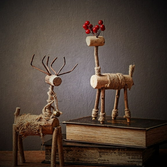 PAMINGONO 1Pcs Reindeer Decor Figurines Khaki Wood Male Deer Christmas Decoration 13x6x27cm