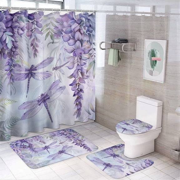 Shower Curtain 4 Piece Set Purple Wildflower Floral Dragonfly Non-Slip Rugs And Toilet Mat Lid Rug Accessories Spring Summer Flowers 12 Hooks for Bathtub Decor 72inch X 72inch