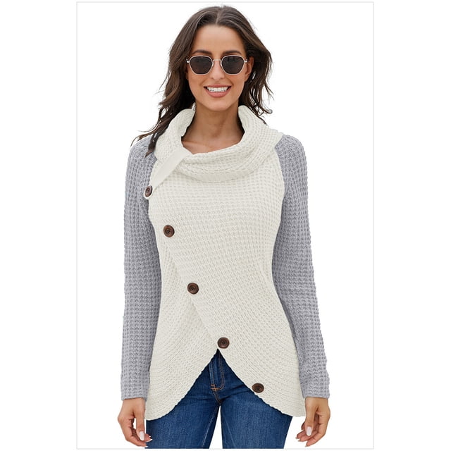 Pulls Femmes Chauds Asymétriques Tricotés Col Roulé Unis Enveloppants Manches Longues Hauts Décontractés