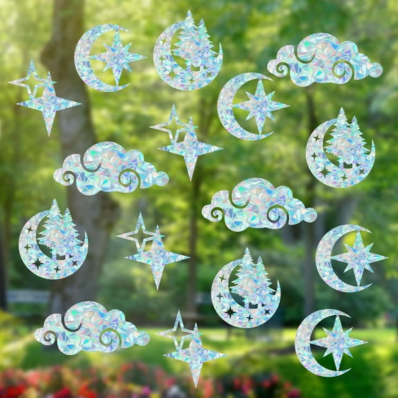 16Pcs 4 Styles Rainbow Window Stickers Moon Cloud Star Window Clings Non Adhesive Collision Static Vinyl Film Waterproof Stained Decals for Sliding Doors Prevent Birds Strikes