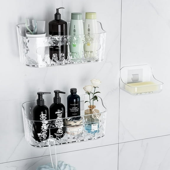 Acrylic Shower Caddy 3-Pack Adhesive Clear Plastic Wall-Mounted Bathroom Shelves with Self-Adhesive Tape No Drilling Organizer