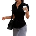 thumbnail image 2 of BODOAO Women's Short Sleeve Button Down Shirts Slim Fit Work Blouse Pack Ruched Business Casual Collared Office Tops Plain Tee Dress Shirts Uniform Black L, 2 of 8