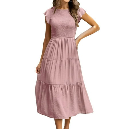 

jsaierl Women s Bohemian Short Sleeve Long Beach Sun Dresses Solid Maxi Dress for Women 2022