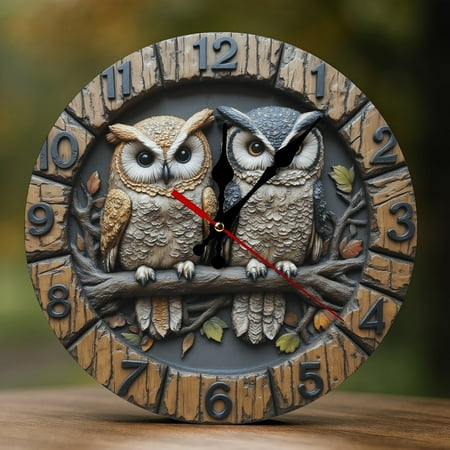 Wall Clock Decorative - Owl Duo in Forest Print 2D Vintage Wall Clocks Battery Operated Silent Non-Ticking for Bedroom, Living Room, Kitchen, Office, Classroom, 10 Inch