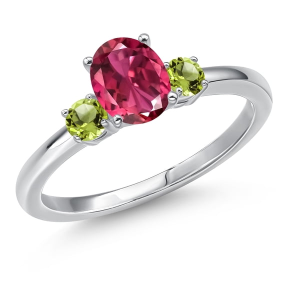 Gem Stone King 14K White Gold Pink Tourmaline and Green Peridot Engagement Ring for Women | 1.09 Cttw | Oval 7X5MM | Gemstone October Birthstone | Size 5