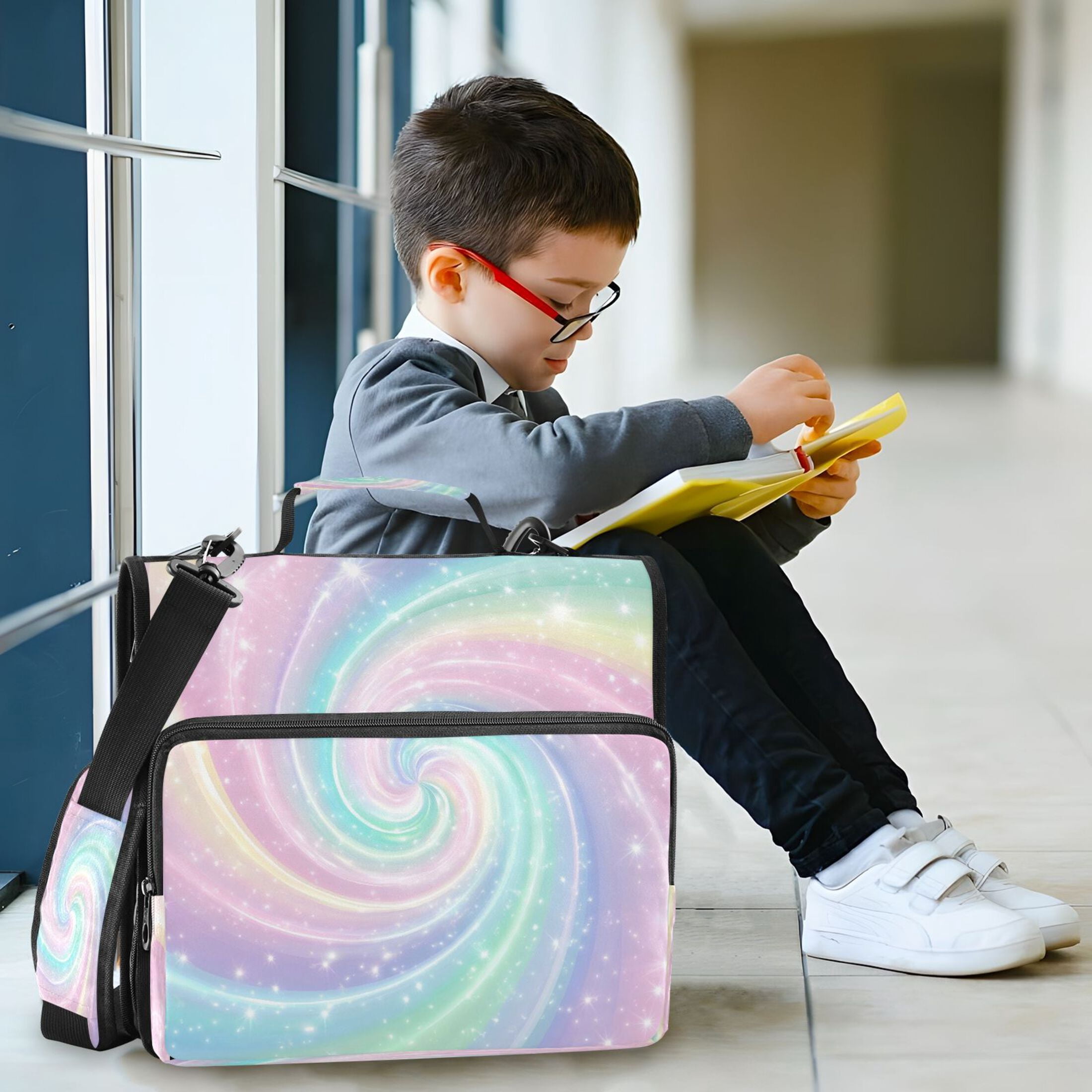 Water-Resistant 3-Ring Binder Organizer with Multiple Pockets Zipper Binder Bag for Office Cute Pastel Rainbow Swirl