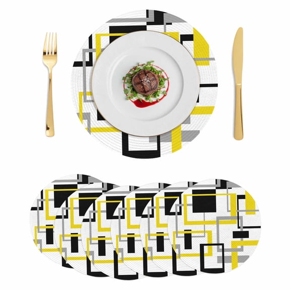 Yellow Black Geometric Round 13 Inch Placemats Set of 6, Modern Simple Abstract Art HeatResistant Non Slip Place Mats for Dining Table, Wipeable Braided Kitchen Table Mats for Housewarming