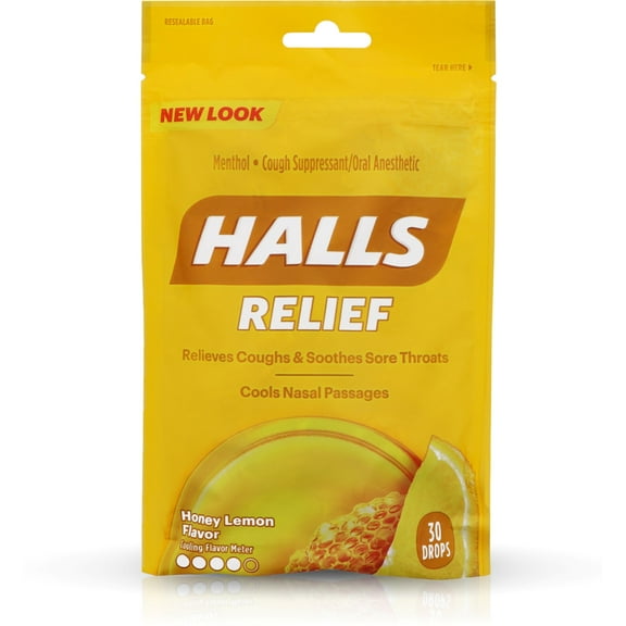 Halls Triple Soothing Action Cough Drops, Honey Lemon, 30 Ct (2 pack)