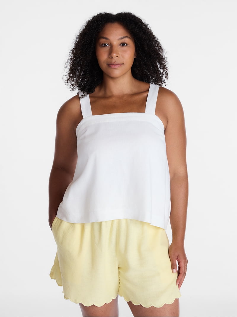 Time and Tru Women's Linen Blend Square Neck Tank Top, Sizes XS