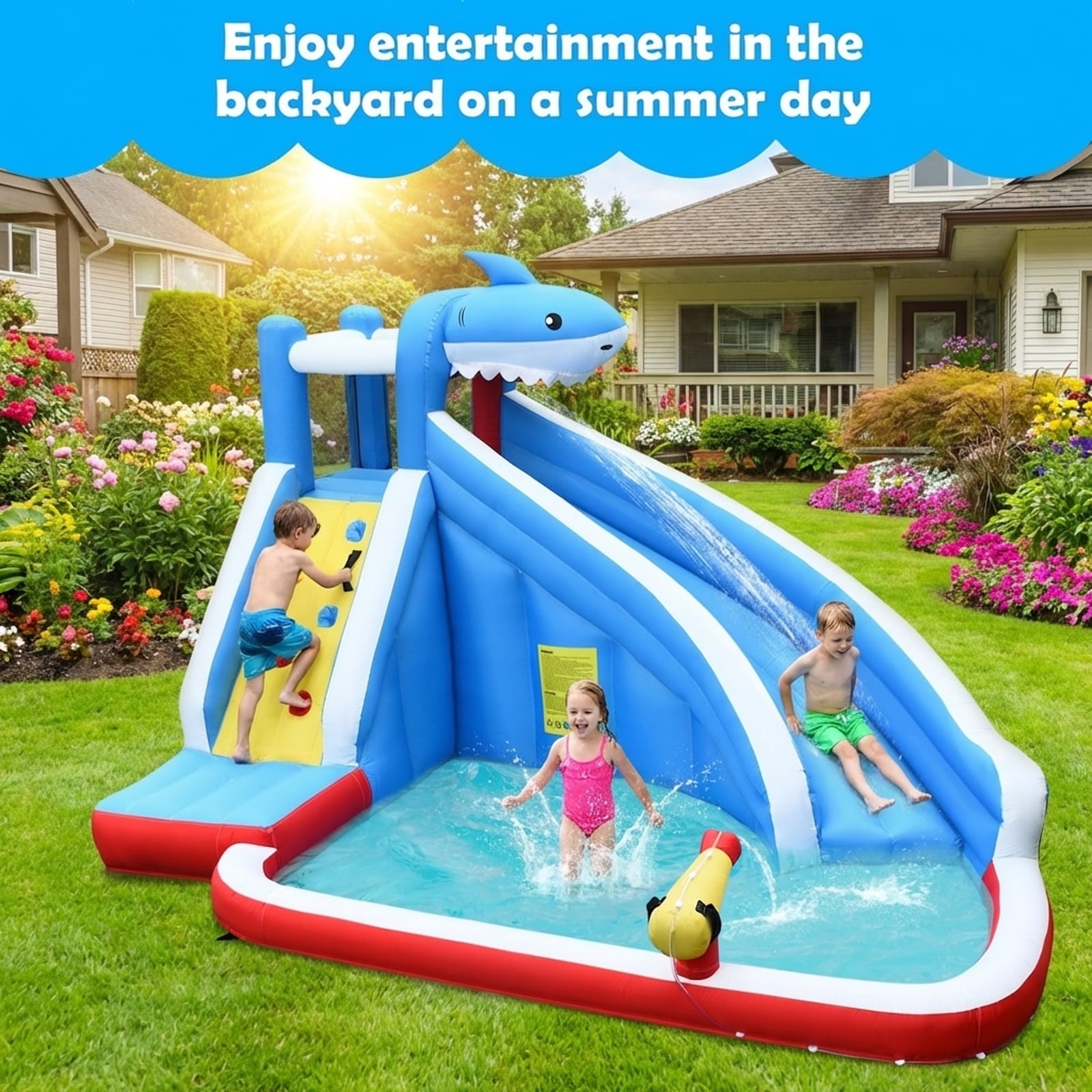 Redsmile Inflatable Shark Bounce House with Water Slide and Climbing Wall without Blower - Multicolor