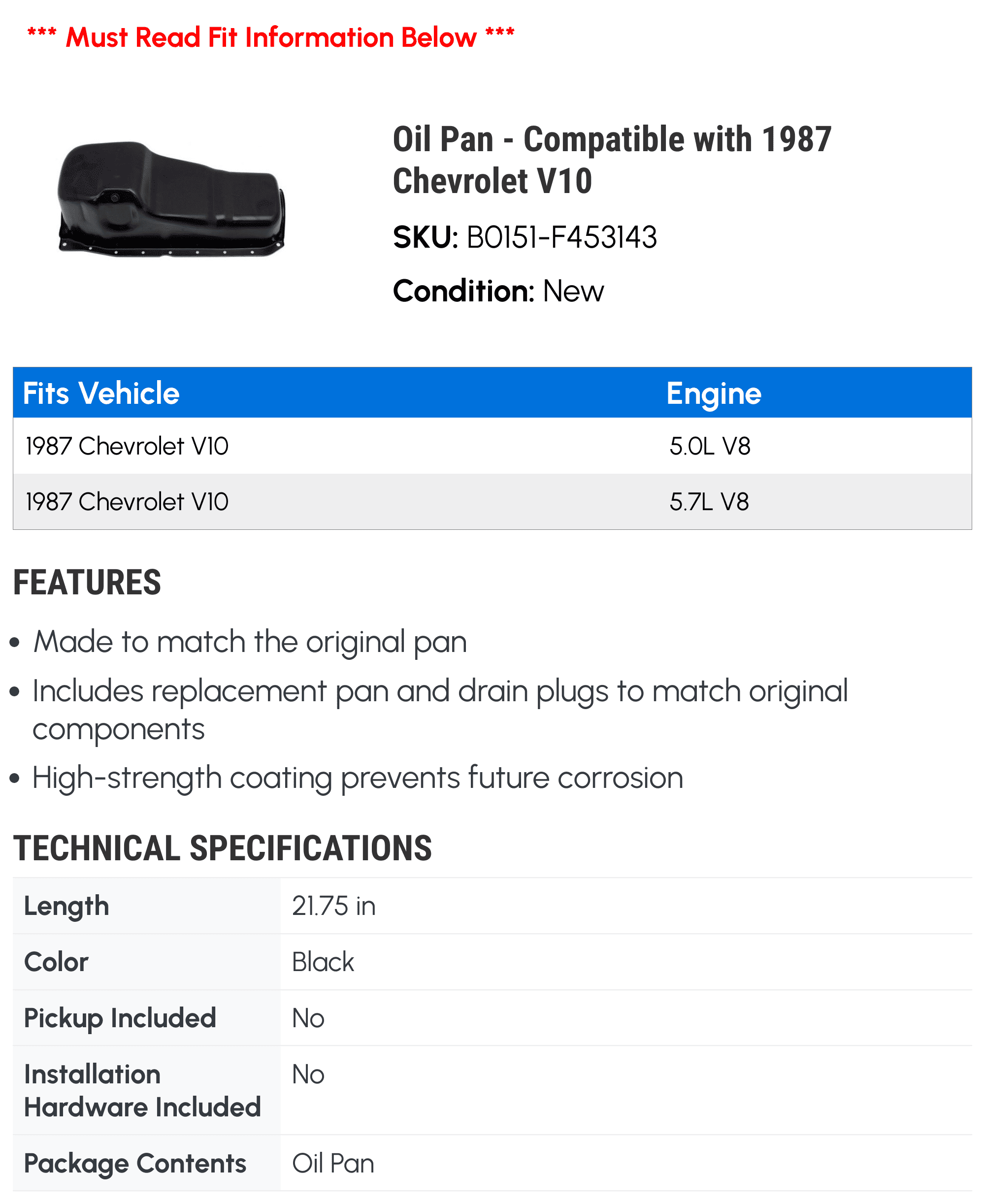 Oil Pan - Compatible with 1987 Chevrolet V10 - Dorman