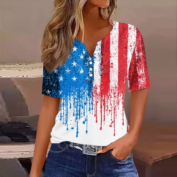 Iaqnaocc American Flag Womens Tops 4th Of July Summer Button Down V Neck Vintage Shirts Patriotic American Flag Stars July 4th Celebration Short Sleeve Tee Tops Blue XXXL