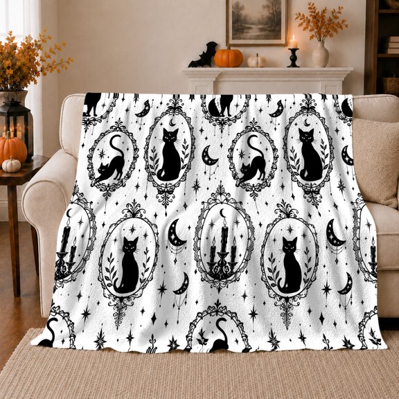 decorative motif Black Cat Silhouette Moonlit Candelabra, Mystical Pet Portrait Pattern, Warm Flannel Blanket for Living Room and Bedroom, Cat Lovers autumn celebration Gift, Pet Lover Home Decor