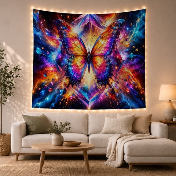 Moon Stars Butterfly with Wings Fully Extended Body, Mystical Fantasy for Space Lovers, Galaxy Room Decor, Graduation Gift, Tapestry Wall Hanging for Bedroom and Dorm