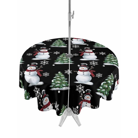 Outdoor Tablecloth with Umbrella Hole and Zipper, Black Christmas Snowman Round Table Cloth 60 Inch Waterproof Tablecloth, Winter Snowflakes Xmas Tree Forest Picnic Table Cover for Patio Camping