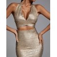 thumbnail image 4 of Vestido ajustado de Bella Barnett, sexy, con recorte, halter, sin espalda, dorado, 4 of 6