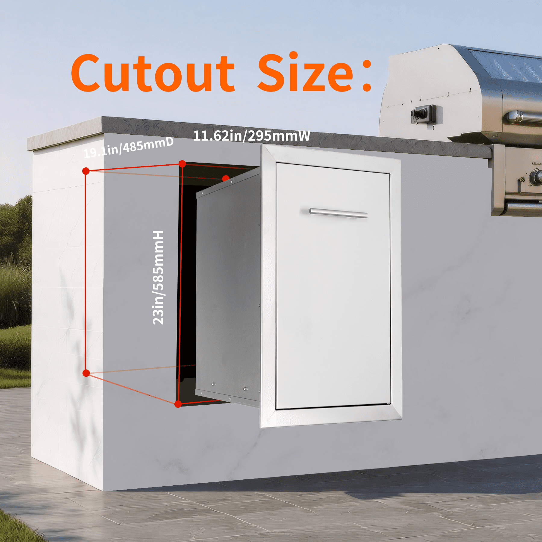 Pull-Out Trash Can Drawer, Stainless Steel Flush Mount Trash Cabinet 14"W x 25.7"H x 19.4"D for Outdoor Kitchens & BBQ Islands