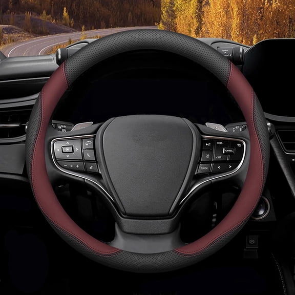 Steering Wheel Cover Standard Size 14.5-15 inch, Breathable Microfiber Leather, Anti-Slip, Soft Grip, Fits Most Cars, SUVs, and Trucks, Black and Burgundy