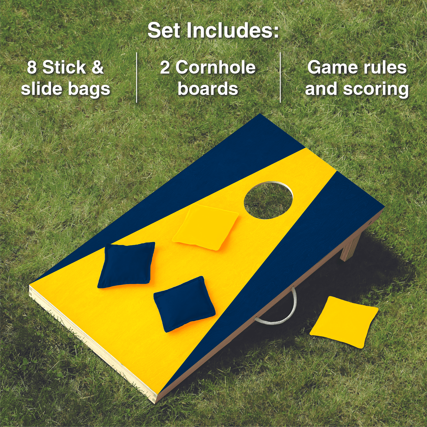 Wooden Cornhole Set, Maize & Blue Colors, Stick & Slide Bags, 10 Pieces, 2 Boards, 8 Bean Bags, Family Games, College Games, Ages 3+ by MinnARK