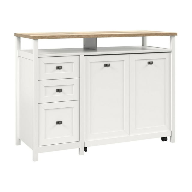 Sauder Cottage Road® white credenza desk featuring three drawers and two cabinet doors for storage, with a natural wood top surface.