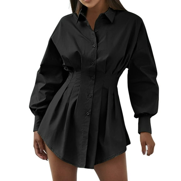 XIAOCHA Women's Button Down Shirt Dress Fitted Waist Puffed Sleeve Tunic Dress Versatile Casual Office Work Dress