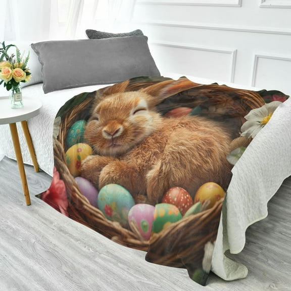 YAZAOO Travel Blanket Camping Blankets Fashion Bunny Sleeping with Easter Eggs Patten