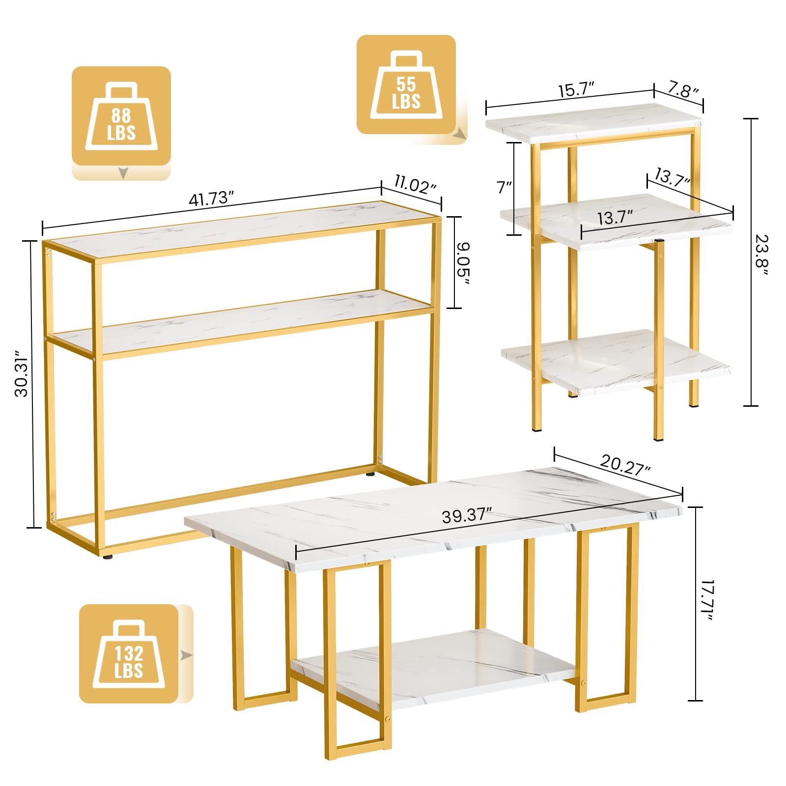 AWQM Modern 2 Tiers 3 Pieces Accent Coffee Table Set, Gold/White
