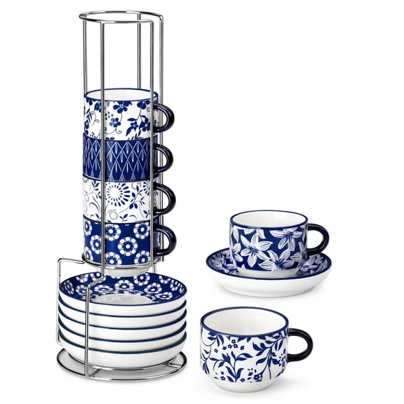 Malacasa Stackable Espresso Cups Set of 6, 4 oz Cappuccino Cups with Saucers and Rack, Coffee Mugs for Specialty Coffee Drinks, Latte and Tea