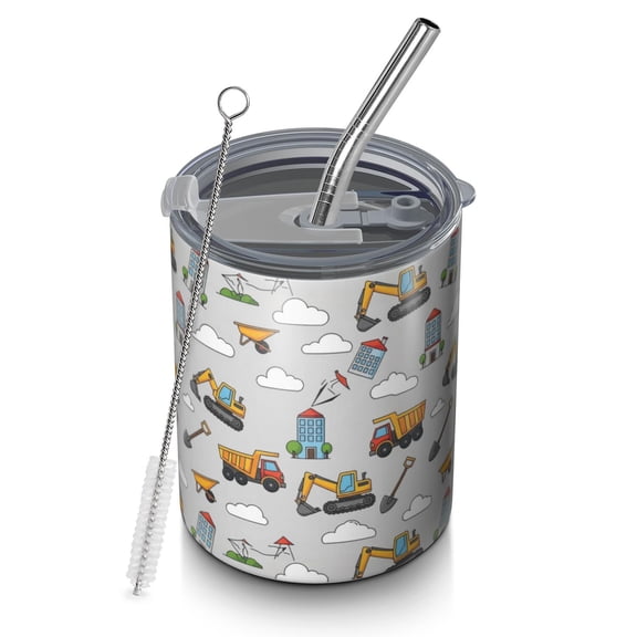 12oz Coffee Tumblers Cartoon Construction Vehicles Buildings Stainless Steel Vacuum Insulated Travel Tumbler Coffee Cups Mug with Lid and Straw with Cleaning Brush for Cold & Hot Drinks