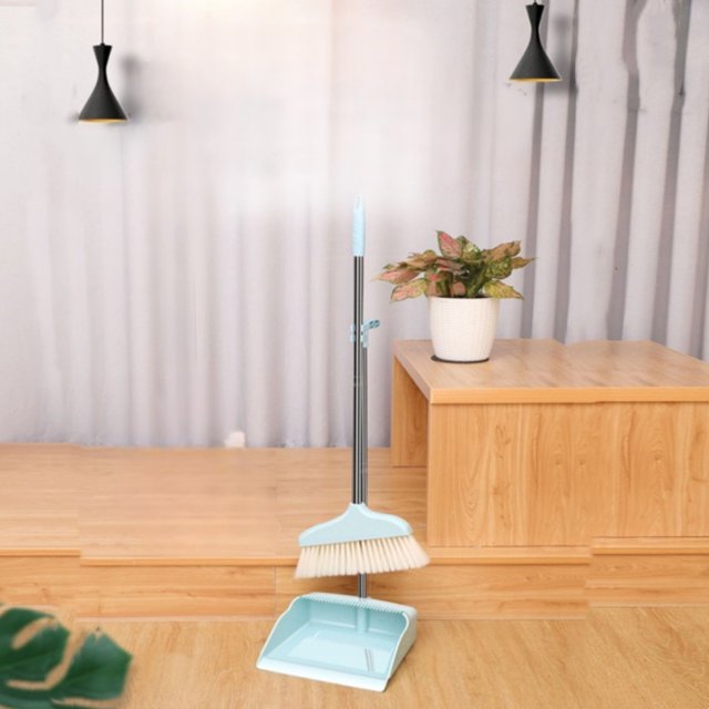 Juego de escoba y recogedor para cabello suave - pelo antiadherente, plástico azul, escoba de 60 cm para suelos duros y alfombras, kit de limpieza fácil de almacenamiento