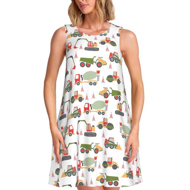 Fotbe Excavator Vestido de Verano sin Mangas para Mujer – Vestido Midi Línea A, Estilo Camiseta Floral, Vestido Playero Casual y Fluido