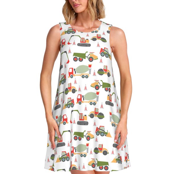 Fotbe Excavator Vestido de Verano sin Mangas para Mujer – Vestido Midi Línea A, Estilo Camiseta Floral, Vestido Playero Casual y Fluido