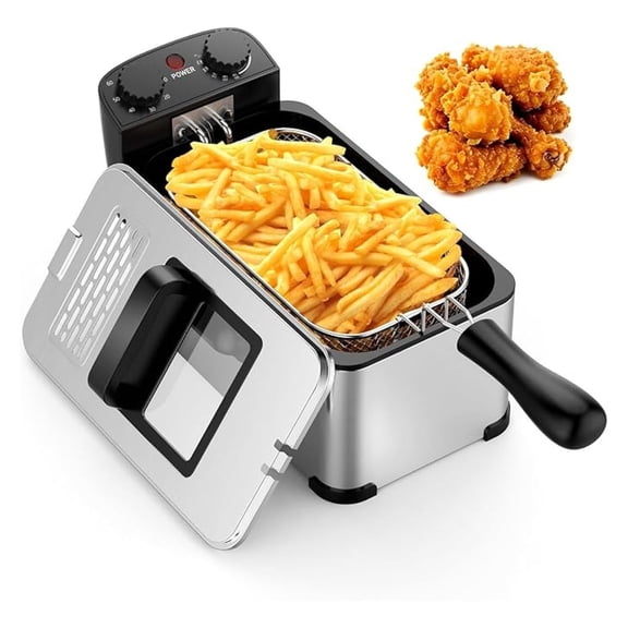 3 Liter Deep Fryer with Basket, 1700W Electric Oil Fryer with Lid with Viewing Window, Adjustable Timer and Temperature, Small Countertop Deep Fryer Pot for Home Kitchen Use, Silver