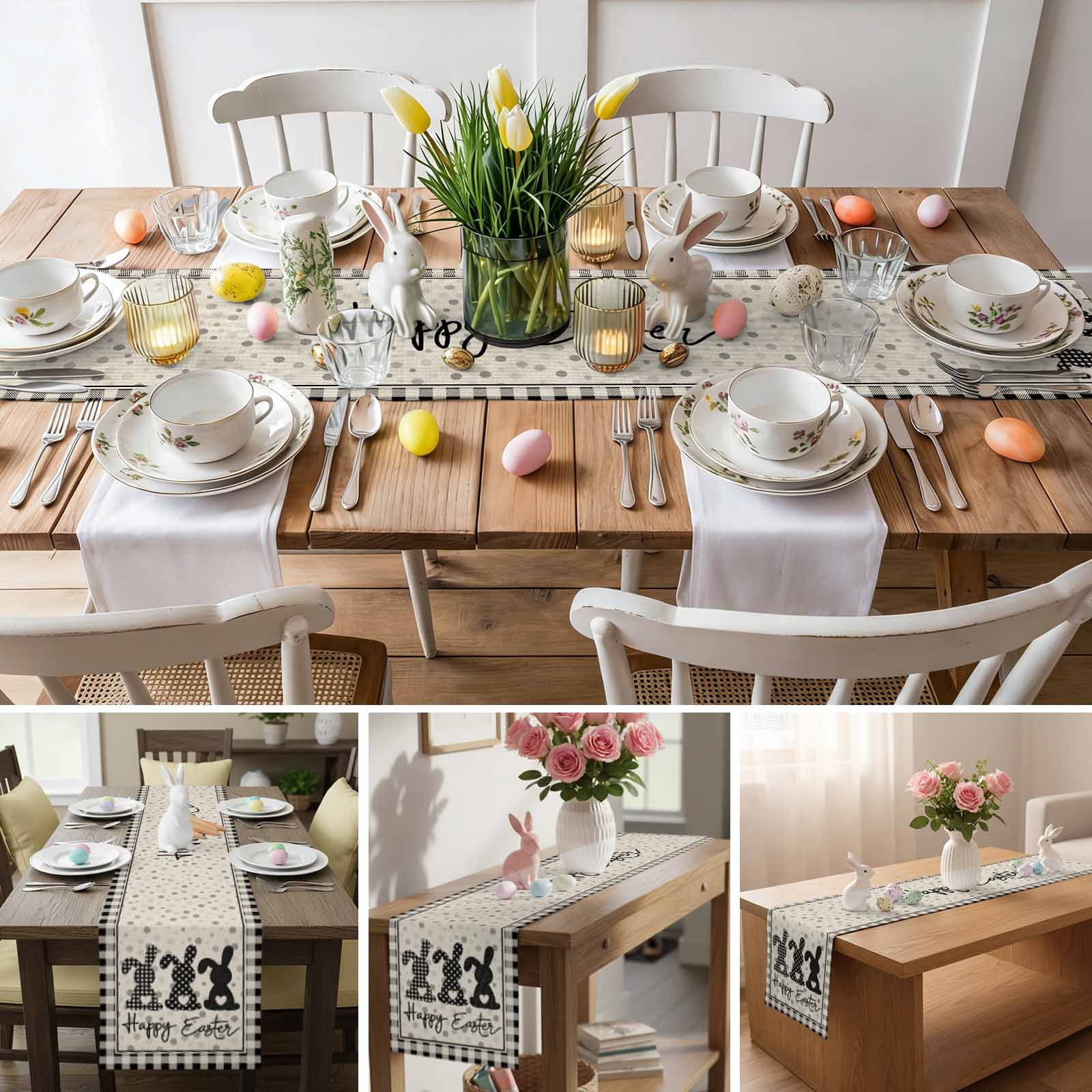 Happy Easter Table Runner, Black Bunny Polka Dots Black White Plaid Linen Texture Cotton Linen Kitchen Table Decoration Washable Dining Tabletop Runners for Home Party Decor 13x90 Inches