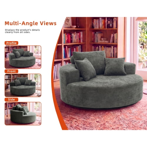 55" Oversized Round Swivel Chair, 360° Rotating Chenille Cotton Blend Accent Chair with High-Density Foam Cushion, Modern Comfy Seating for Living Room, Bedroom, Reading Nook – Green
