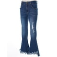 thumbnail image 2 of Aislor Girls Distressed Jeans Flared Jeggings Kids Ruffle Denim Pants Stretchy Bell Bottoms Casual Trousers Dark Blue 10, 2 of 7