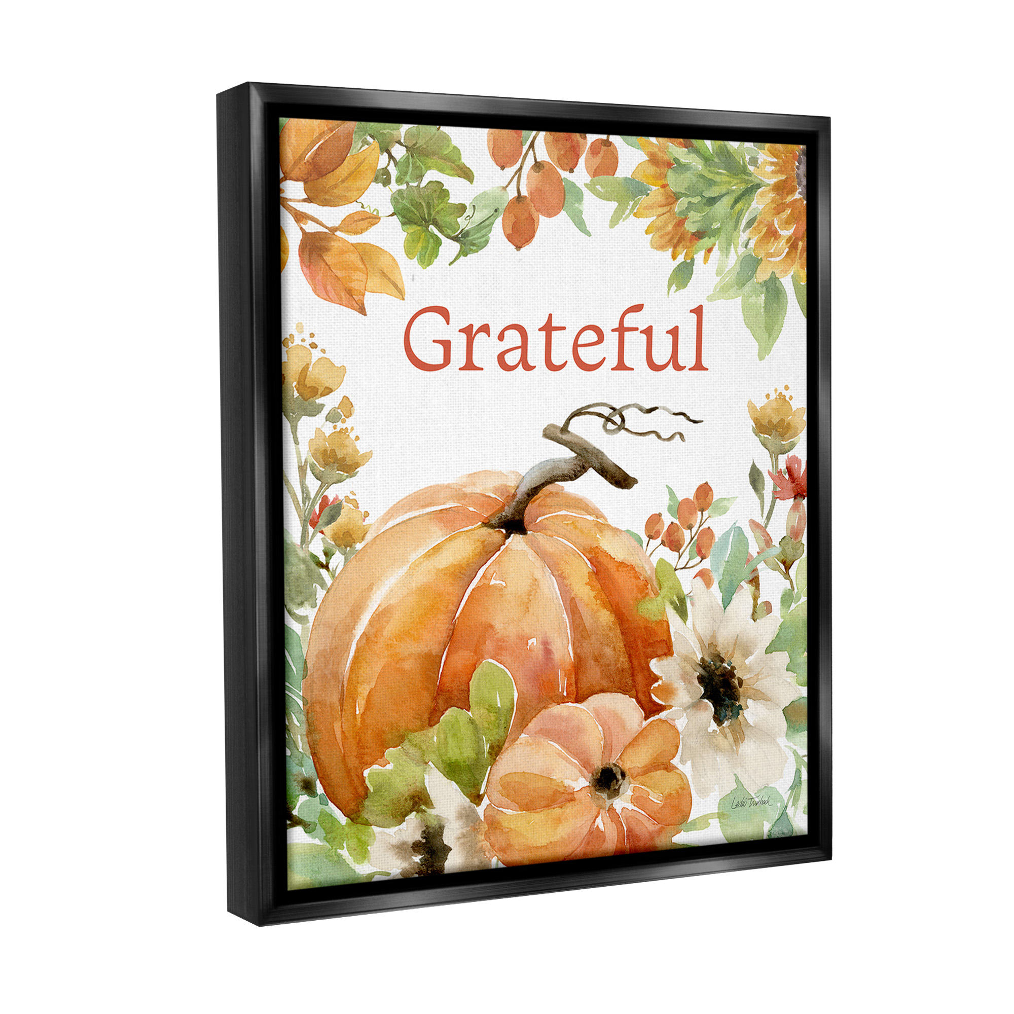 Stupell Industries Grateful Pumpkins & Flowers Holiday Painting Black Floater Framed Canvas Art Print Wall Art, 17 x 21