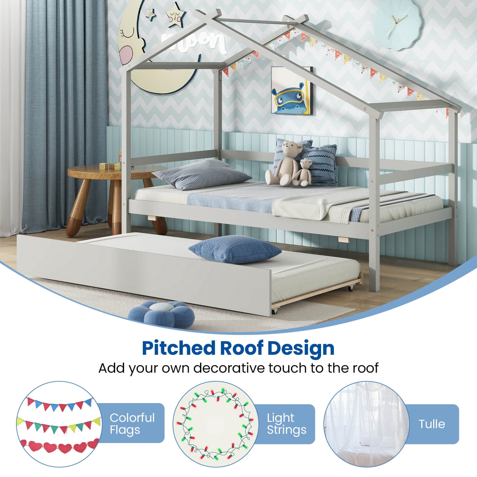 Infans Twin House Bed with Trundle with Roof and Fence Rails Wooden Platform Bed Frame