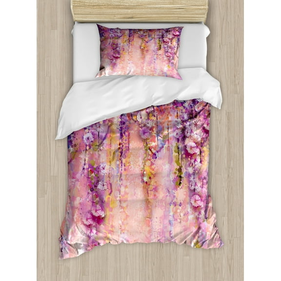Flower Duvet Cover Set Twin Size, Watercolor Painting Effect Wisteria Tree Blossoms Soft Scenic Spring Display, Decorative 2 Piece Bedding Set with 1 Pillow Sham, Pink Violet Purple, by Ambesonne