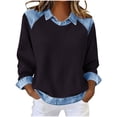 thumbnail image 2 of Sweatshirt for Women Neck Long Sleeve Casual Loose Fit Pullover Denim Contrast Raglan Sleeve Waffle Knit Soft Breathable Autumn Tops, 2 of 5