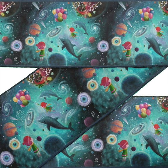 IBA Indianbeautifulart Green Dolphin,Balloon & Planets Galaxy Fabric Lace Dressmaking Velvet Trim Tape Printed Sewing Lace 9 Yards 3 Inches