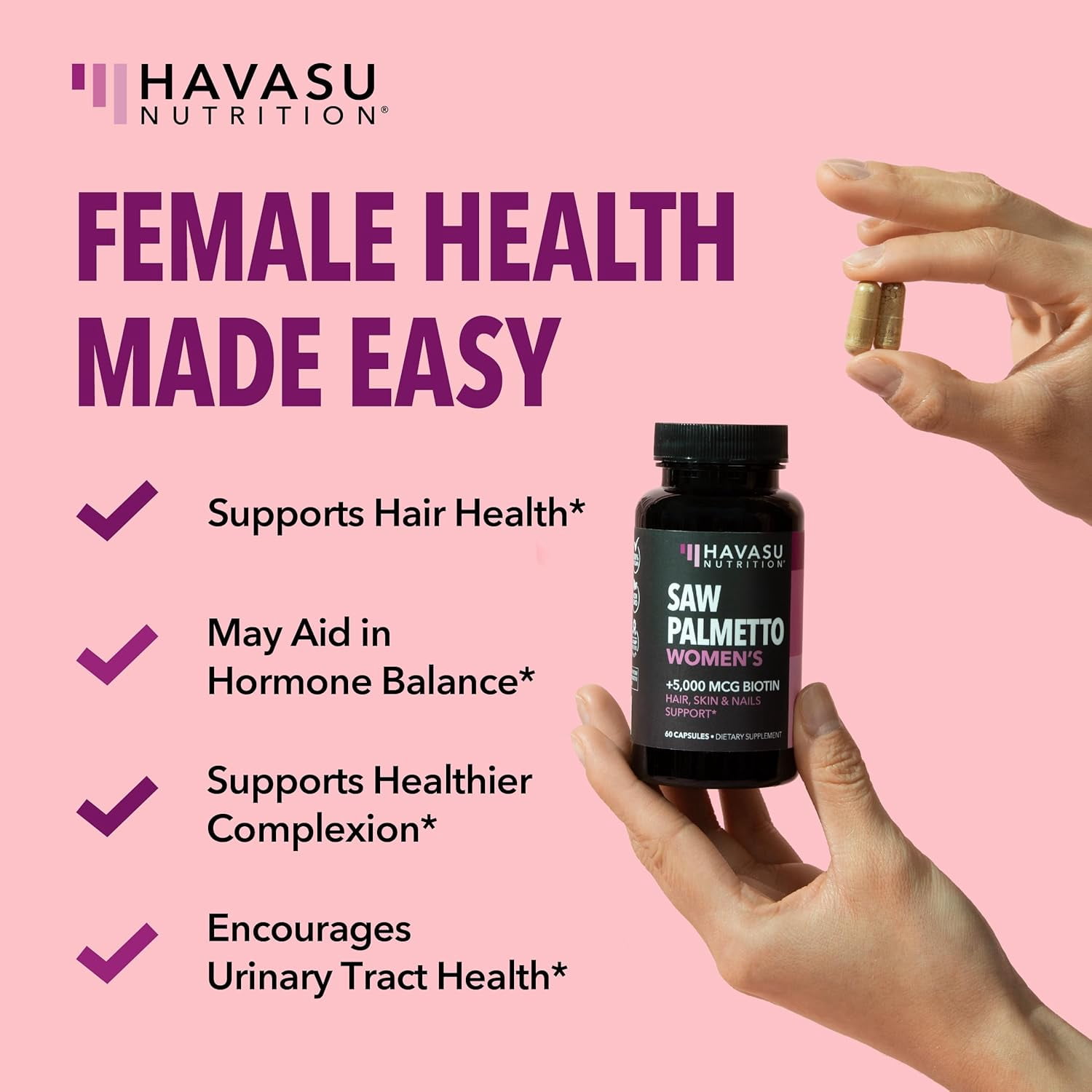 Havasu Nutrition Saw Palmetto Capsules For Women with 5000mcg Biotin for Hair, Skin & Nails, 120 Count